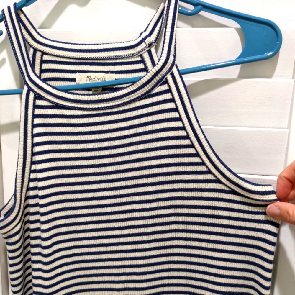 XS Madewell halter dress, blue and white stripes